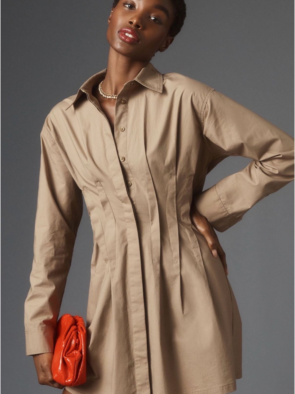 Pilcro Pintuck Mini Shirt Dress, Khaki, Medium